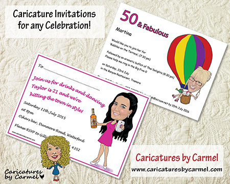 Caricature invitations for a party and celebration by Caricatures by Carmel