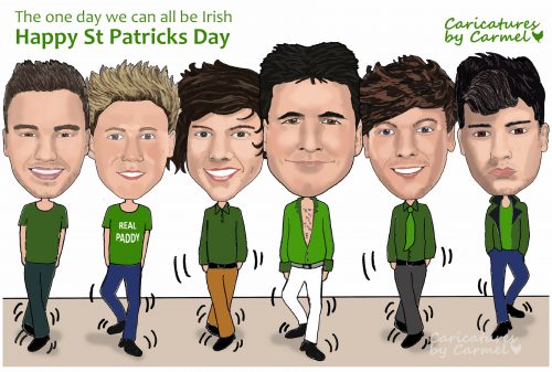 caricature of Simon Cowell and One Direction Irish Dancing