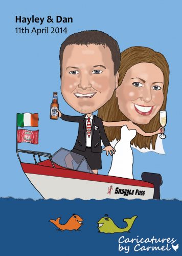 Caricature of Hayley & Dan with their boat Snagglepuss
