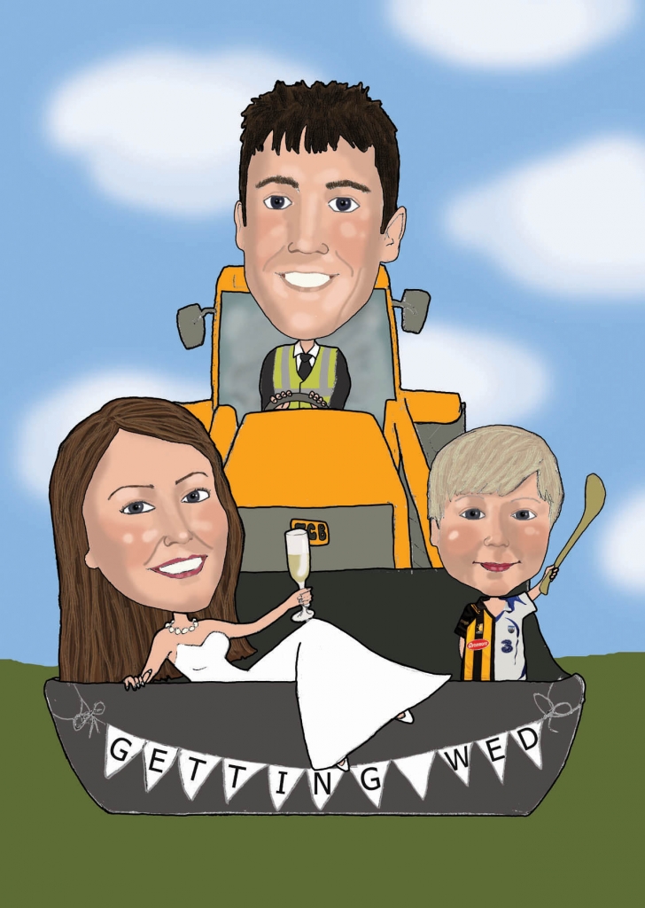 Wedding Caricature with groom driving a JCB and a bride and son in the bucket.