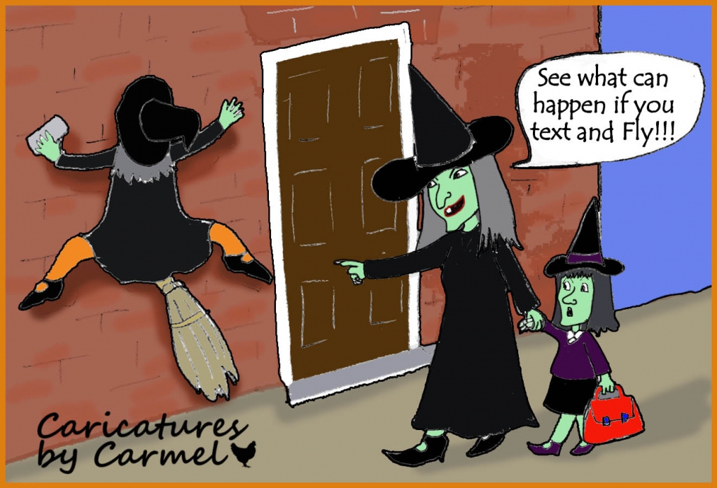Witches, don't text and fly cartoon