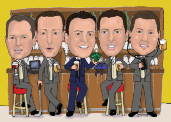 Caricature of the groom David with all his brothers at the bar