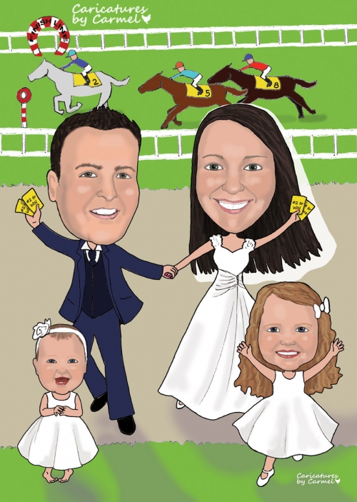 Caricature of bride & groom at the races with winning tickets!