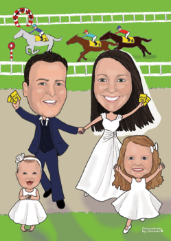 Caricature of a bride and groom at the horse races