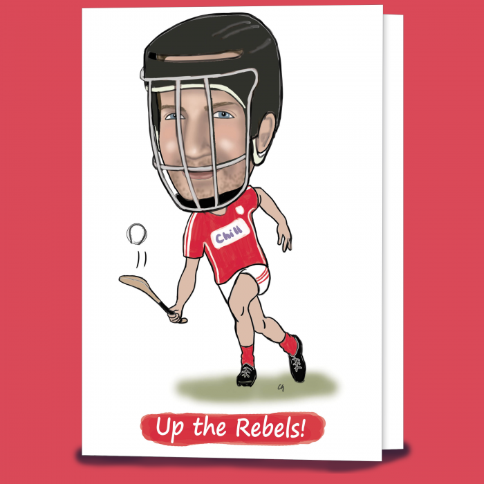 Caricature Cork hurling card created by Caricatures by Carmel, Waterford Ireland. Irish designed and made.