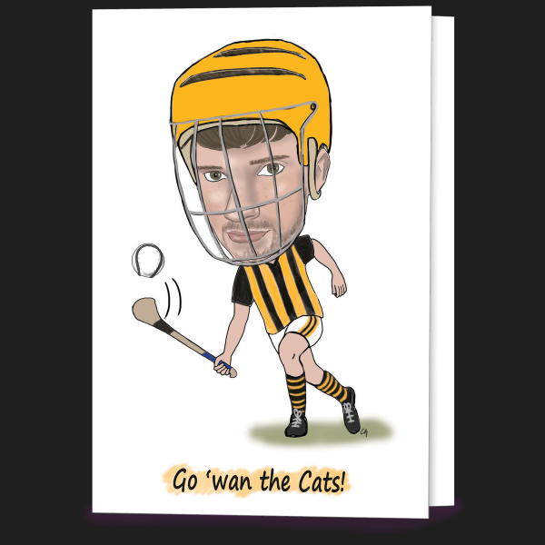 Kilkenny caricature hurling card created by Caricatures by Carmel. Greeting Card. Irish designed and made.