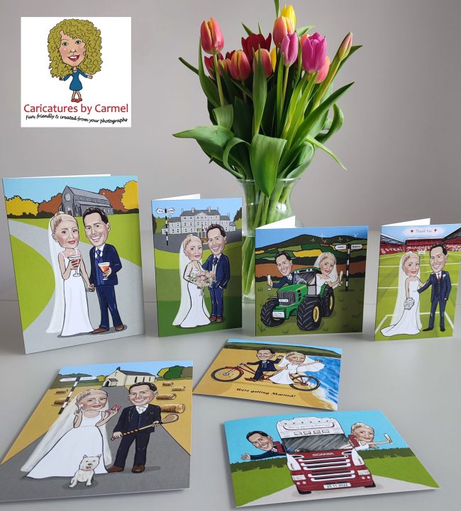 Caricatures b y Carmel cartoon wedding invitations