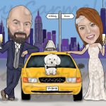 Caricature of bride and groom in NY with a NY yellow taxi. Wedding Invitation