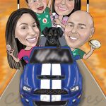 Family of 4 and their dog in a fancy car on route 66 caricature