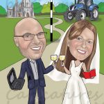 Bride & groom caricature with tractor and church in the background. The bride reading a book and the groom with his laptop.