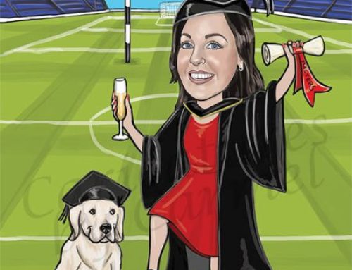 Graduation girl in red dress, cap and gown cartoon caricature