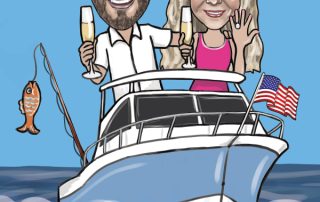 Engaged couple in a speed boat caricature