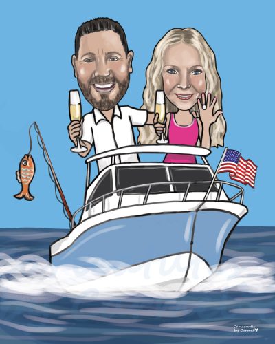 Engaged couple in a speed boat caricature
