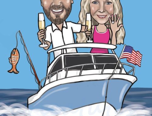Caricature engagement gifts from a boat to a Danger sign.