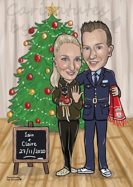 Shane and Sharon getting engaged in New York caricature