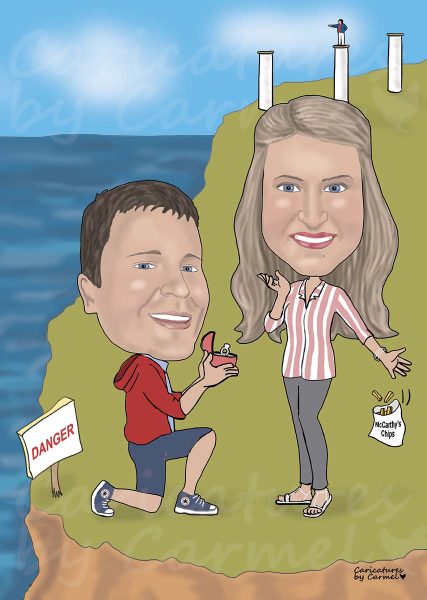 Conor and Orla engagement caricature in Tramore Waterford