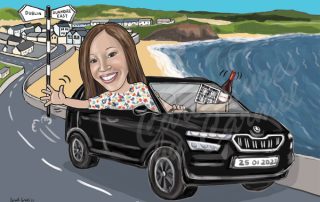 Caricature of girl driving a Skoda with Dunmore East beach in the background.