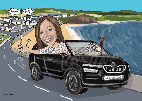 Caricature of girl driving a Skoda with Dunmore East beach in the background.