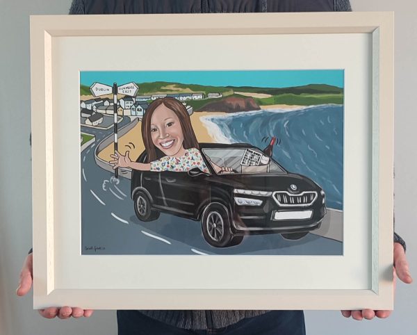 Caricature of Heather in car framed