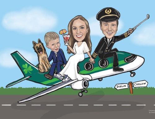 A pilot, his bride, his son and a dog sitting on an airplane