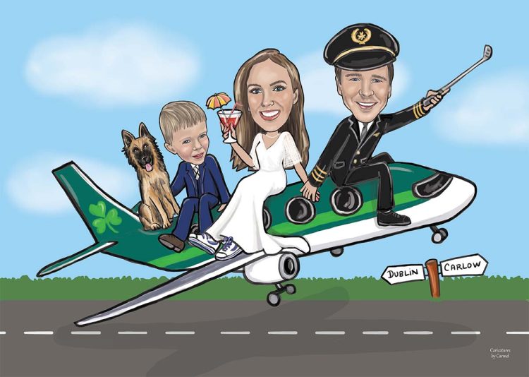 Edwina & Seán guest signing board design with a pilot, his son and dog, and bride sitting on an Aer Lingus airplane.