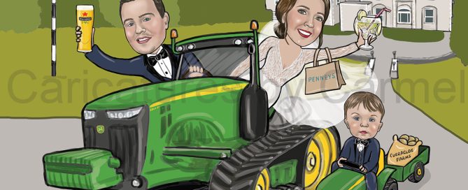 Caricature of bride and groom in a John Deere tractor, and their son on a miniature tractor pulling a sack of Curracloe spuds. The Newbay House in the background.