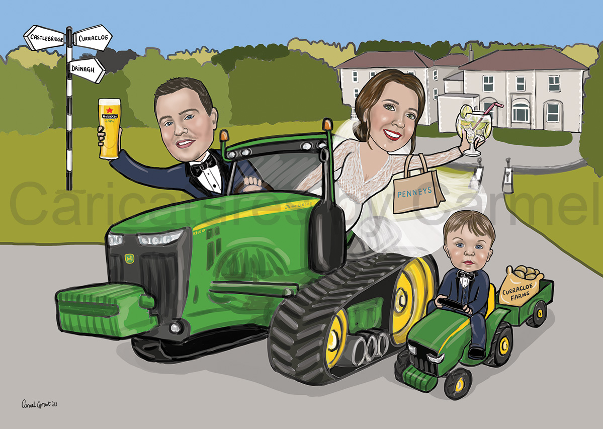 Caricature of bride and groom in a John Deere tractor, and their son on a miniature tractor pulling a sack of Curracloe spuds. The Newbay House in the background.