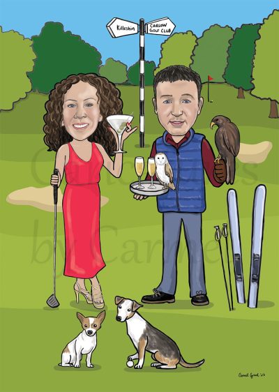 Caricature digital art design for a 50th birthday. Drawing of a lady in a red dress with a golf club and cocktail, and beside her a man with a tray of drinks and an owl. Standing on a golf course with two dogs.