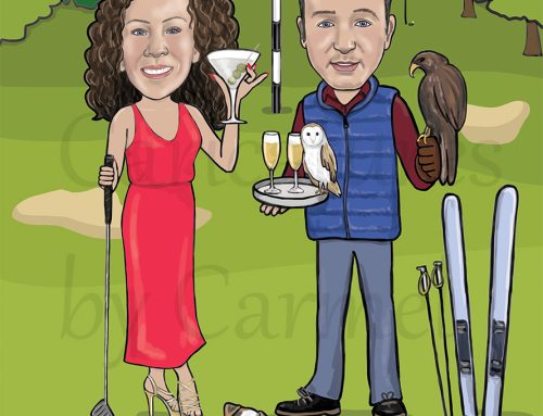 Golfing couple with drinks and pets on a golf course. Digital art birthday gift.