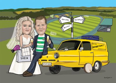 Digital art of a Wedding caricature of a bride wearing a wedding dress and groom wearing a Celtic jersey, posing beside an Only Fools and horses car.