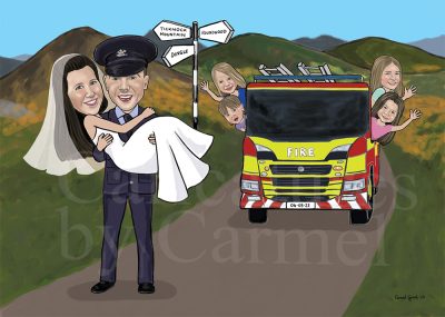 Fireman groom in uniform, carrying his bride in his arms. In the background a fire engine with the children hanging out the windows waving. Wedding caricature.