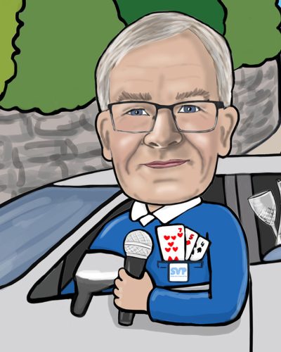 Drawing of Larry with a microphone and playing cards in a pocket