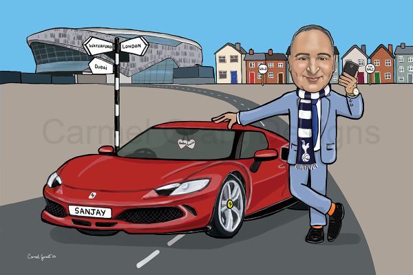 Caricature of Sanjay Gandhi standing by a red porche wearing a Spurs FC scarf with the stadium n the background.