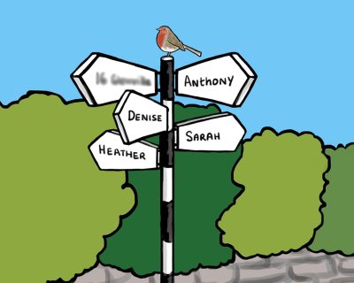 Signpost with robin drawing