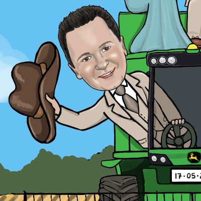 Caricature of groom waving a cowboy hat driving a combine harvester 