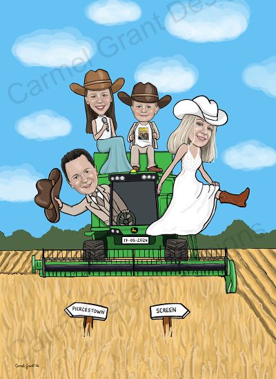 Caricature of bride, groom and kids wearing wedding attire, cowboy hats and boots, sitting on a combine harvester.